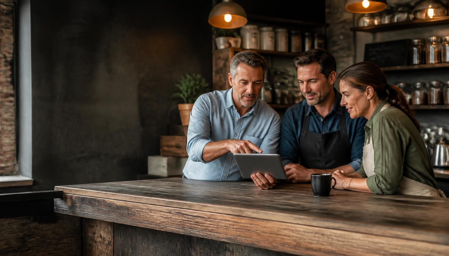 Marketing consultant collaborating with business owners in a casual coffee shop setting